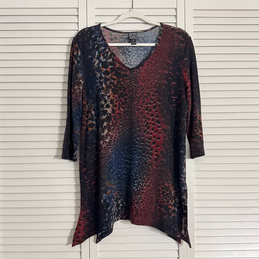 Ciara Sun Woo Multicolor Patterned Animal Print V-Neck Tunic Top Boho Sz M